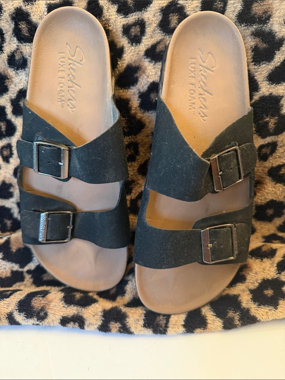 Skechers Black Double-Strap Buckle Slide Sandals